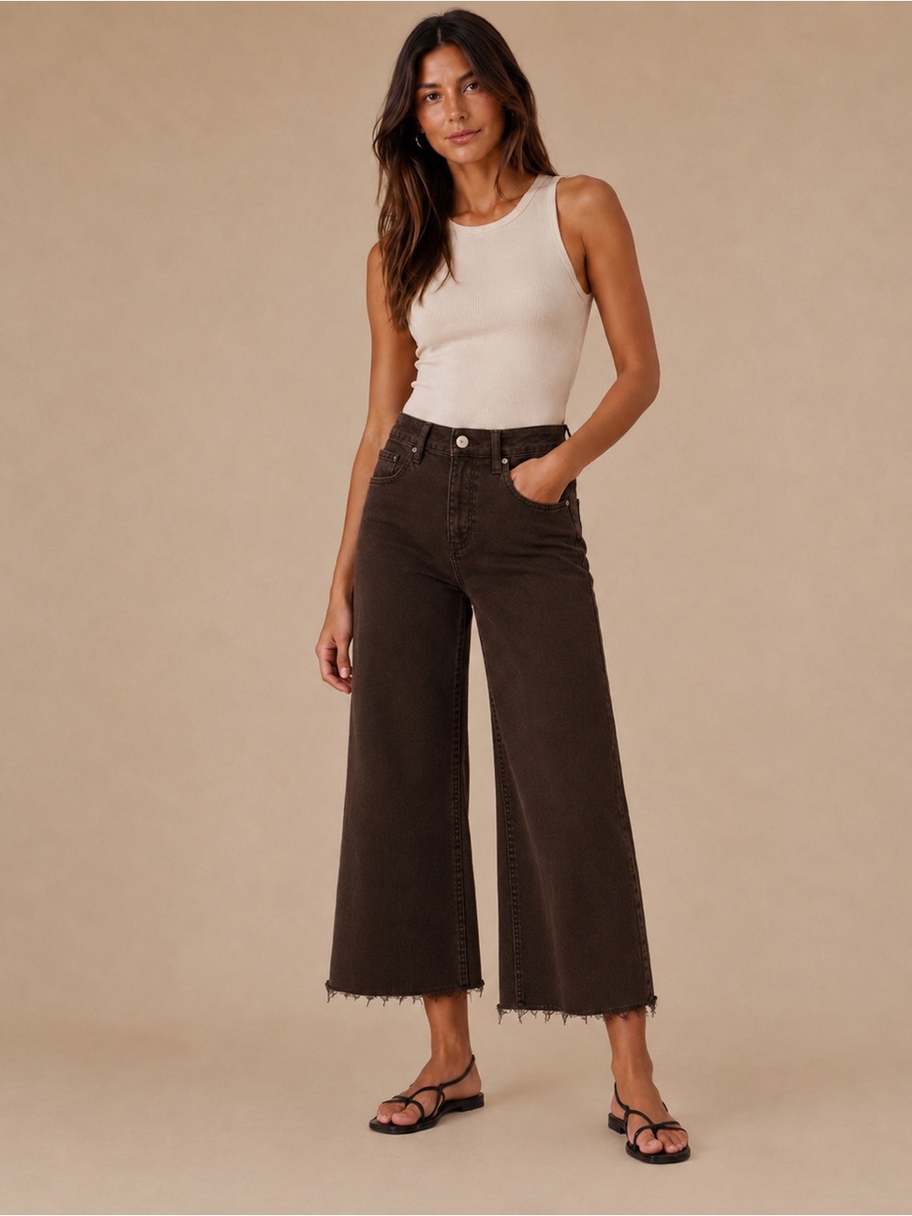 Zara Rich Chocolate Brown Wide Leg High Rise Frayed Hem Cropped Jeans Size 8 NWT - Picture 8 of 10